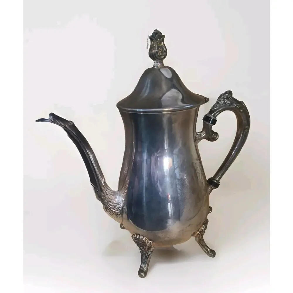 Vintage Leonard Silverplate Coffee Pot Footed Hinged Lid 1960s Victorian Style